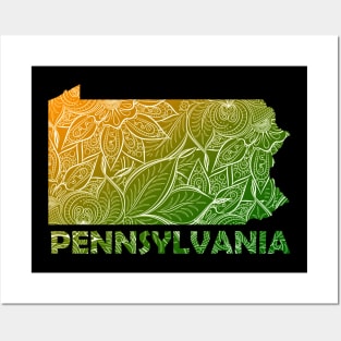 Colorful mandala art map of Pennsylvania with text in green and orange Posters and Art